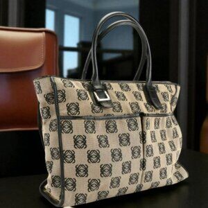 Loewe Anagram Tote in Beige and Black Canvas with Leather Trim